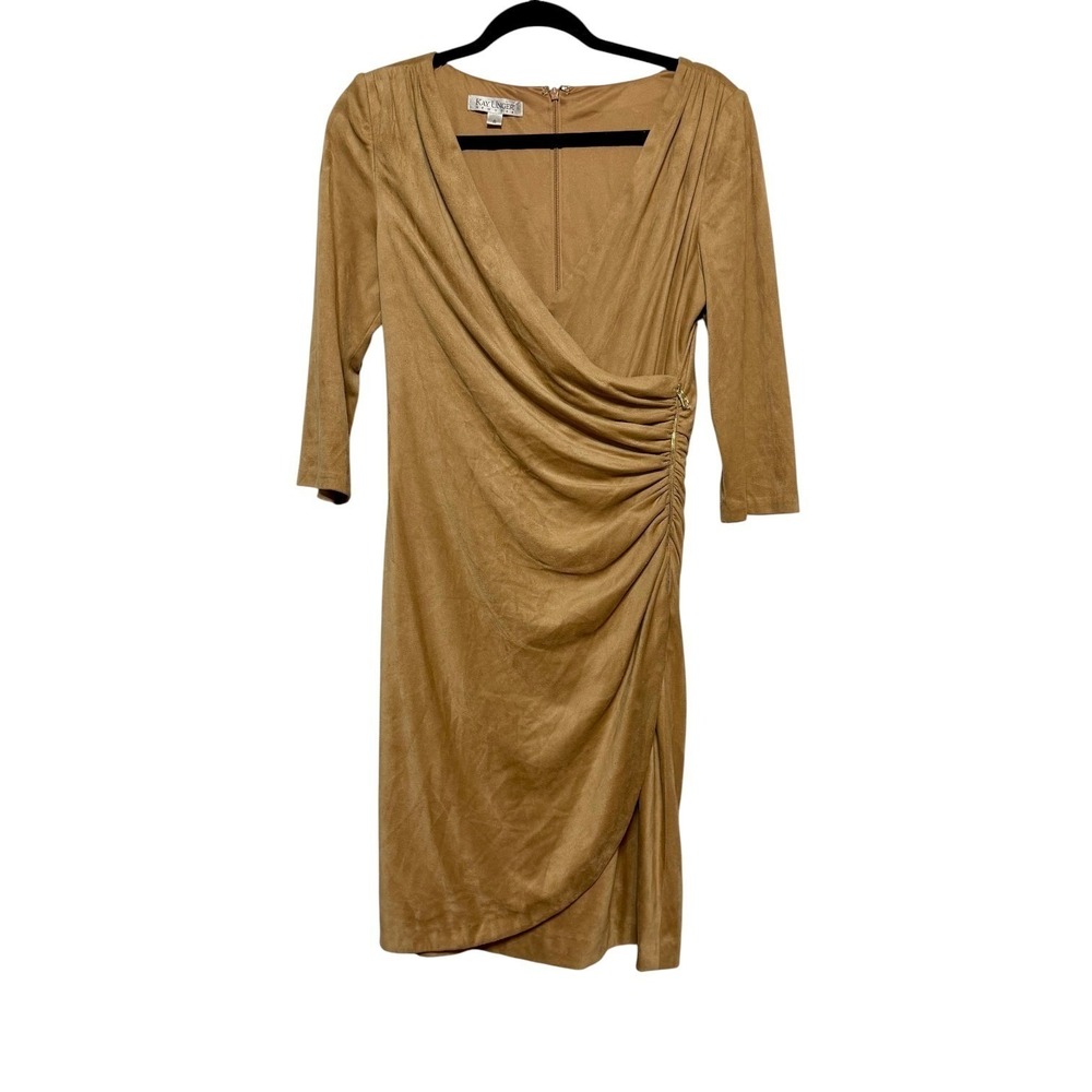 Kay Unger Quiet Luxury Faux Suede Ruched Sheath Dress Womens Size 8 Old Money - Picture 2 of 9